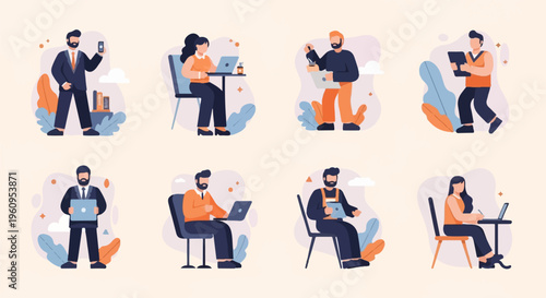 Diverse individuals engaged in various work and leisure activities using technology