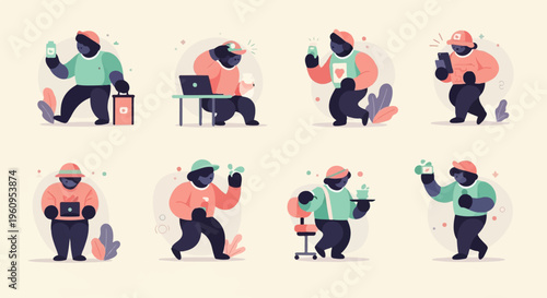 Stylized gorillas engage in various everyday activities against a light background