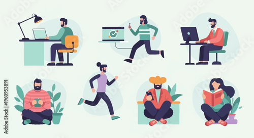 Diverse individuals engaged in various work, leisure, and active pursuits