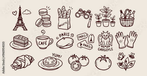 Paris Travel Cafe Pattern, French Landmark Tourism Background, Eiffel Tower Trip Graphics, Bakery and Cafe Culture Art, European Vacation Sightseeing Illustration, Romantic Paris Trip Icons, City of L