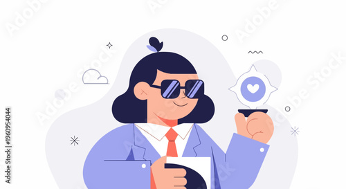 Stylized woman in suit and sunglasses holding a trophy with a heart