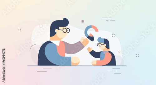 Two figures, one larger and one smaller, interact with a colorful object