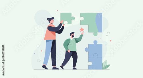 Two individuals collaborating to complete a large jigsaw puzzle, one placing a piece