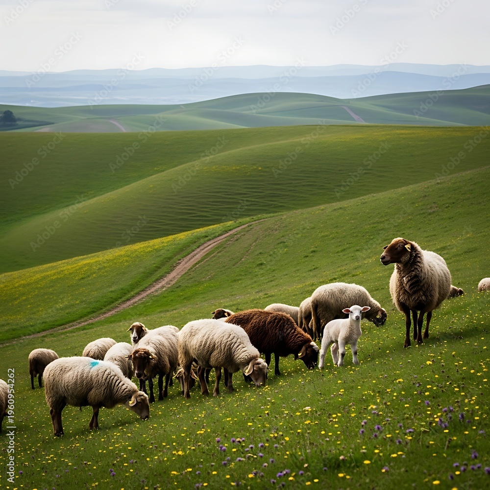 Fototapeta premium Sheep Grazing on Lush Green Hills - A Pastoral Scene.