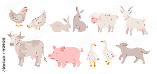 Flat set of home animals, pets. Funny domestic mammals and birds. Village. Rural cattle and poultry. Farm animals, pig, sheep, cow, rabbits, dog, geese, chickens, goat. Vector collection