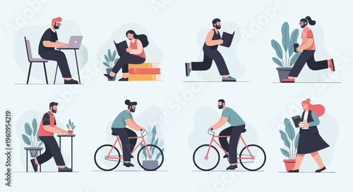 Diverse people engaged in learning and activity, including cycling and working