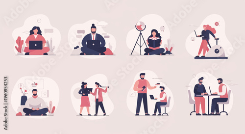 Diverse people engaged in remote work, learning, and leisure activities