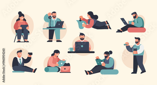 Flat style figures using laptops, tablets, and phones in various poses