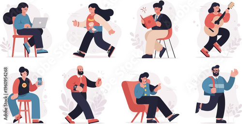 Diverse people engaged in various activities and hobbies in a flat illustration style
