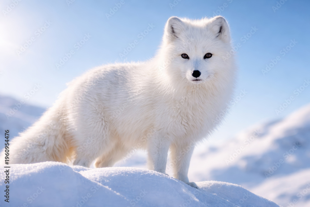 Fototapeta premium Arctic fox standing on snow in bright winter sunlight