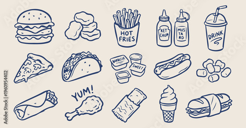  Fast Food Snack Pattern, Burger and Fries Junk Food, Taco and Hot Dog, Takeaway Restaurant Menu Background, Street Food Junk Food Art, Cinema Snack Food Illustration, American Diner Food Seamless Des