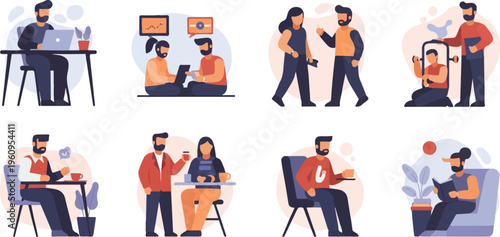 Diverse people engaged in work, leisure, and fitness activities