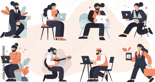 Flat style illustration of people working and relaxing with laptops and plants