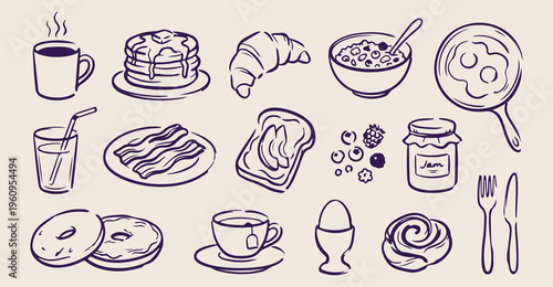 Breakfast Food Bakery Pattern, Morning Coffee and Pastry, Croissant and Bread Bakery Art, Healthy Breakfast Meal Graphics, Cafe Menu Food Background, Restaurant Brunch Food Illustration, French Bakery