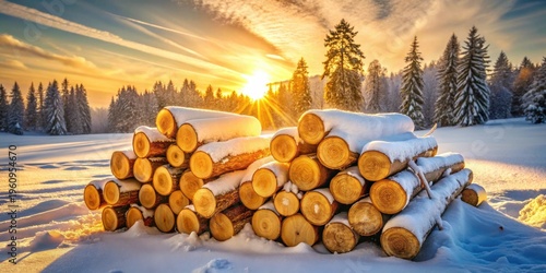 Winter Sunset's Golden Glow Illuminates a Stack of Snow-Covered Logs in a Frosty Forest