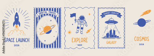Space Explore Astronaut Stamp, Universe Discovery Travel Badge, Outer Space Mission Graphics, Vintage Science Postage Design, Galaxy Exploration Retro Art, Astronomy Adventure Label Illustration, Futu