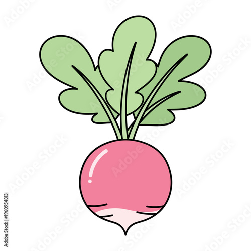 Cute Radish Illustration with Green Leaves, Simple Cartoon Style, Healthy Food Icon