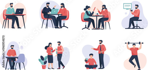 Diverse scenes of people engaged in work, leisure, and fitness activities