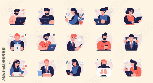Diverse stylized individuals using various digital devices for work and communication