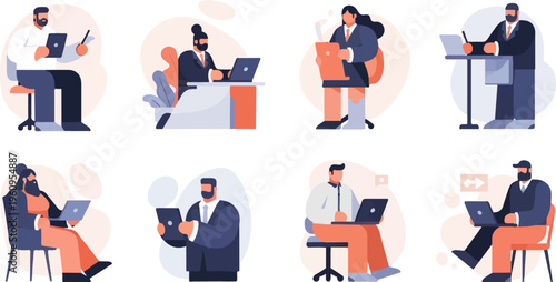 Eight diverse individuals engaged in modern office work using digital devices