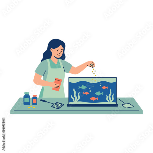 Woman feeds colorful fish in aquarium on table indoors