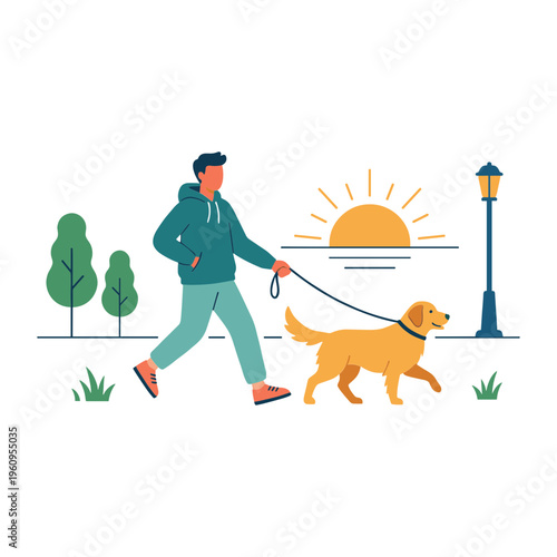 Man walks dog on leash during sunny morning stroll outdoors