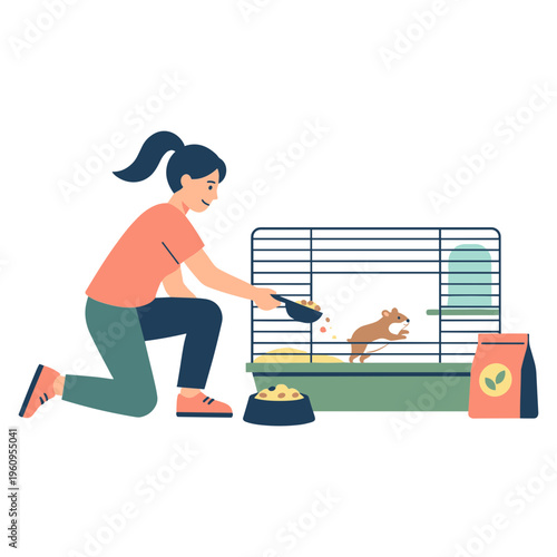 Woman feeds brown hamster in cage with food bowl and bag nearby.