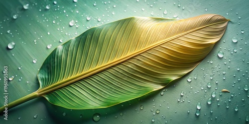 A vibrant tropical leaf, exhibiting a gradient of green and gold hues, rests gracefully on a textured surface adorned with numerous water droplets.