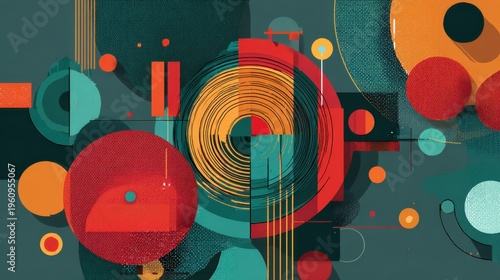 Abstract Geometric Composition Featuring Circular Shapes and Pixelated Textures in a Palette of Teal Orange and Red with Deep Shadow Effects and Bauhaus Inspired Lines