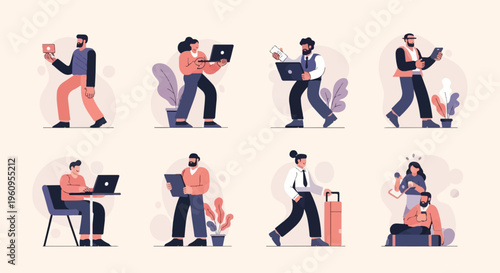 Minimalist flat illustration of people engaging with devices and plants