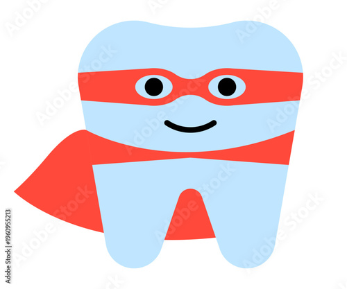 Superhero tooth wearing red cape and mask. Cute dental character for pediatric dentistry promotion. Concept of healthy oral hygiene and dental care for child in cartoon style. Vector illustration