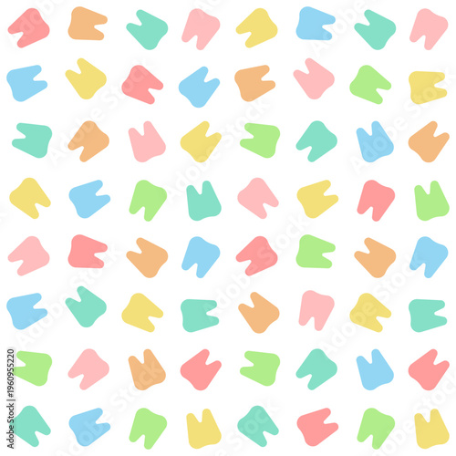 Multicolored teeth pattern on white background. Minimalist seamless pattern of dental icons in pastel tone. Graphic background element for oral health care and pediatric dentistry. Vector illustration