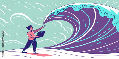 Vector illustration of a summer couple and child enjoying a fun sport on the beach with sea waves and art design elements