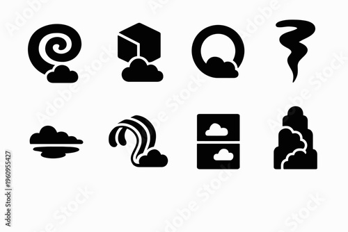 Impossible Sky Icons. Impossible sky formations. Filled icon set of impossible sky formations: spiraled cloud,