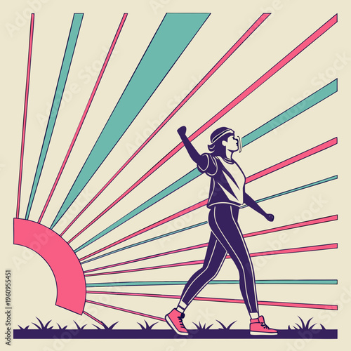 A black silhouette of a dancing woman vector illustration jumps with artistic body motion against a red sun at a disco club party