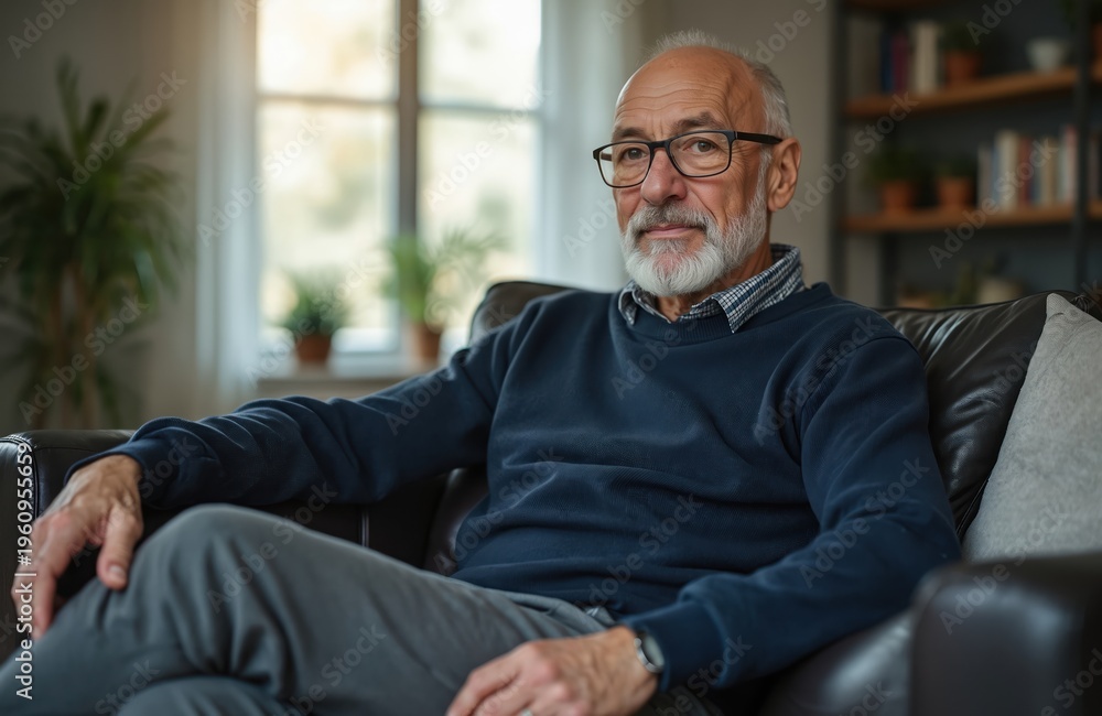Fototapeta premium Elderly man with glasses relaxes on couch looking at camera. He has grey beard and wears blue sweater. Home interior with window and bookcase.