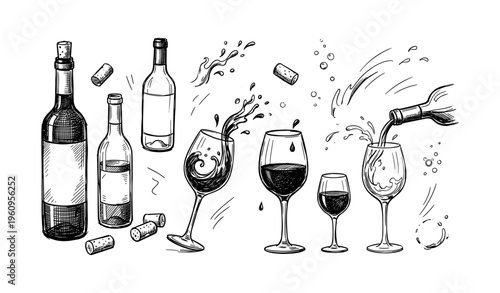 Assorted wine bottles and glasses with corks and splashes in black and white sketch