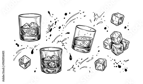 Hand-drawn whiskey glasses and ice cubes with splash accents on white background
