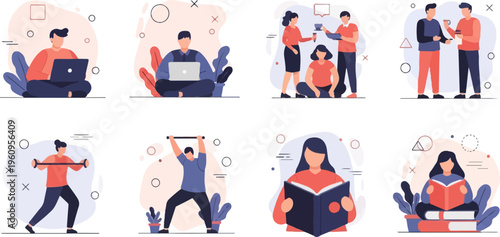 People engaged in work, exercise, and leisure activities