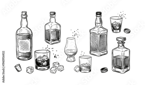 Hand-drawn assortment of whiskey bottles and glasses with ice cubes