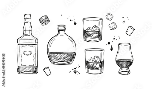 Hand-drawn whiskey bottles and glasses with ice cubes and corks