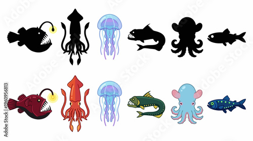 Set of aquatic creatures illustrations, including anglerfish, squid, jellyfish, octopus, and barracuda, presented in both silhouette and color