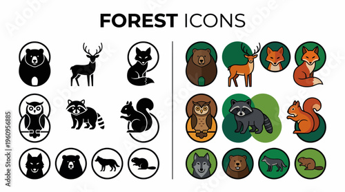 Collection of Stylized Forest Animal Icons for Nature-Themed Designs Bear, Deer, Fox, Owl, and Raccoon Silhouettes and Colorful Flat Illustrations