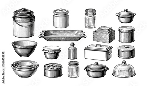 Vintage kitchenware collection featuring jars, bowls, and canisters