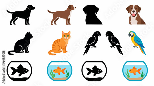 Set of various domestic animal icons including dogs, cats, parrots, and fish in bowls