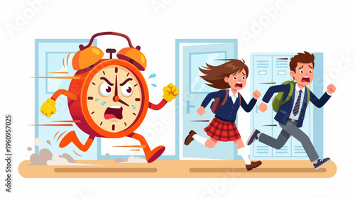 Scared school children sprint from an angry, oversized alarm clock, portraying intense time pressure, daily rush, and anxiety of being late for class