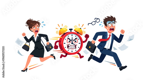 Time pressure and deadline anxiety cartoon illustration of stressed business people running from an aggressive alarm clock