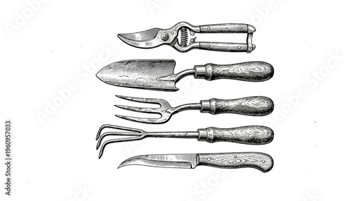 Vintage garden tools collection - pruner, shovel, fork, hoe, knife illustration