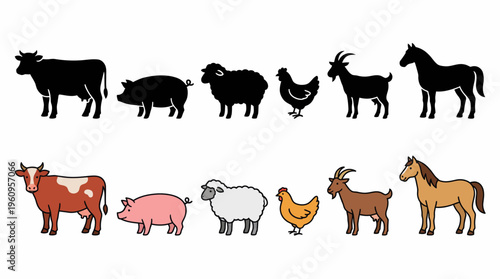 Diverse collection of essential farm animals, featuring distinct black silhouettes and vibrant colored cartoon illustrations, ideal for agricultural projects and educational resources