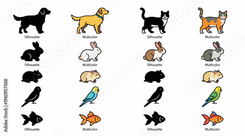 Collection of pet animal silhouettes and colorful illustrations including dogs, cats, rabbits, guinea pigs, birds, and fish